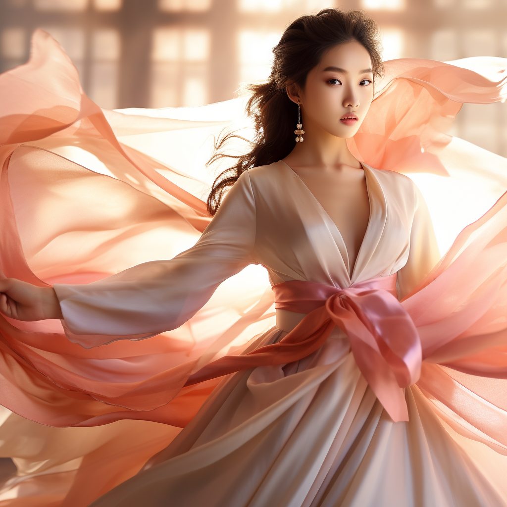 Beautiful bride in traditional hanbok with fluttering silk