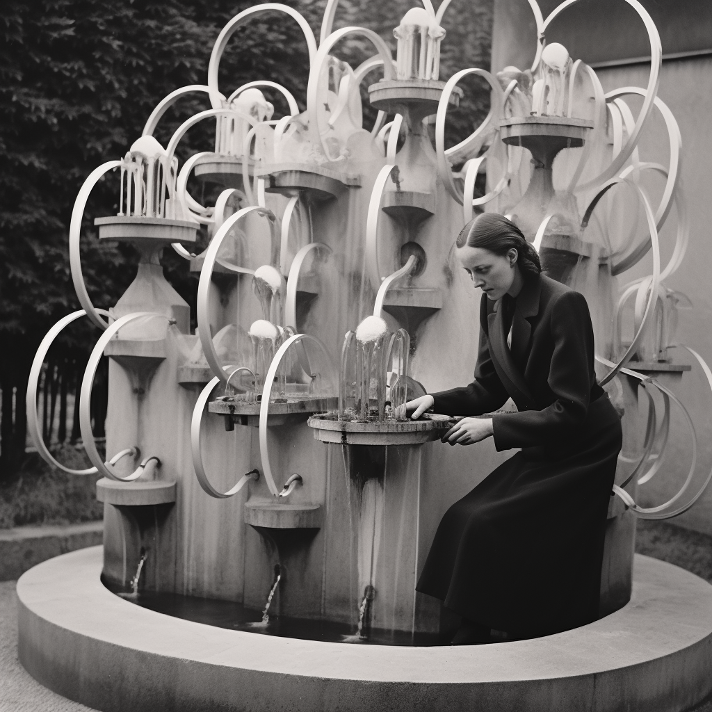 Bride playing with malic moulds in fountain