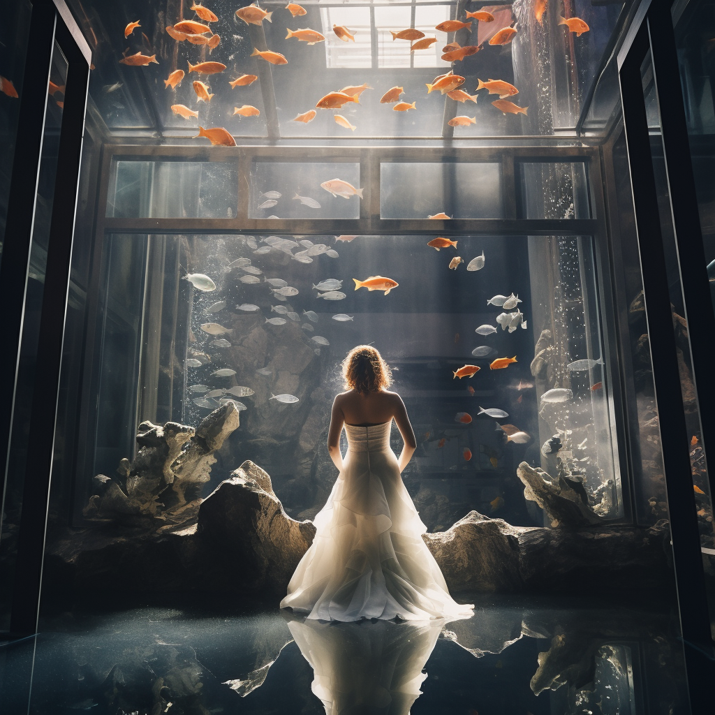 Bride in Aquarium with Ornamental Fish