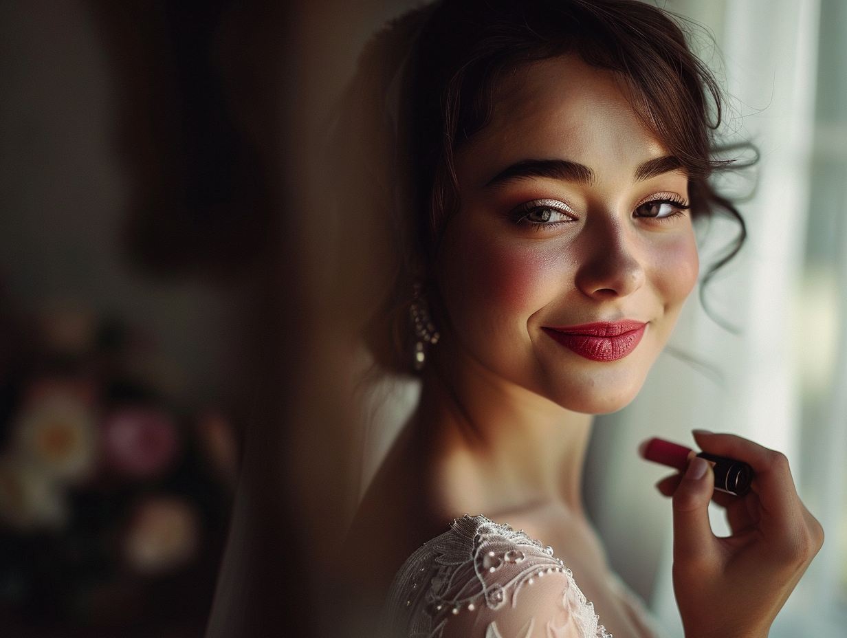 Bride with lipstick smiling