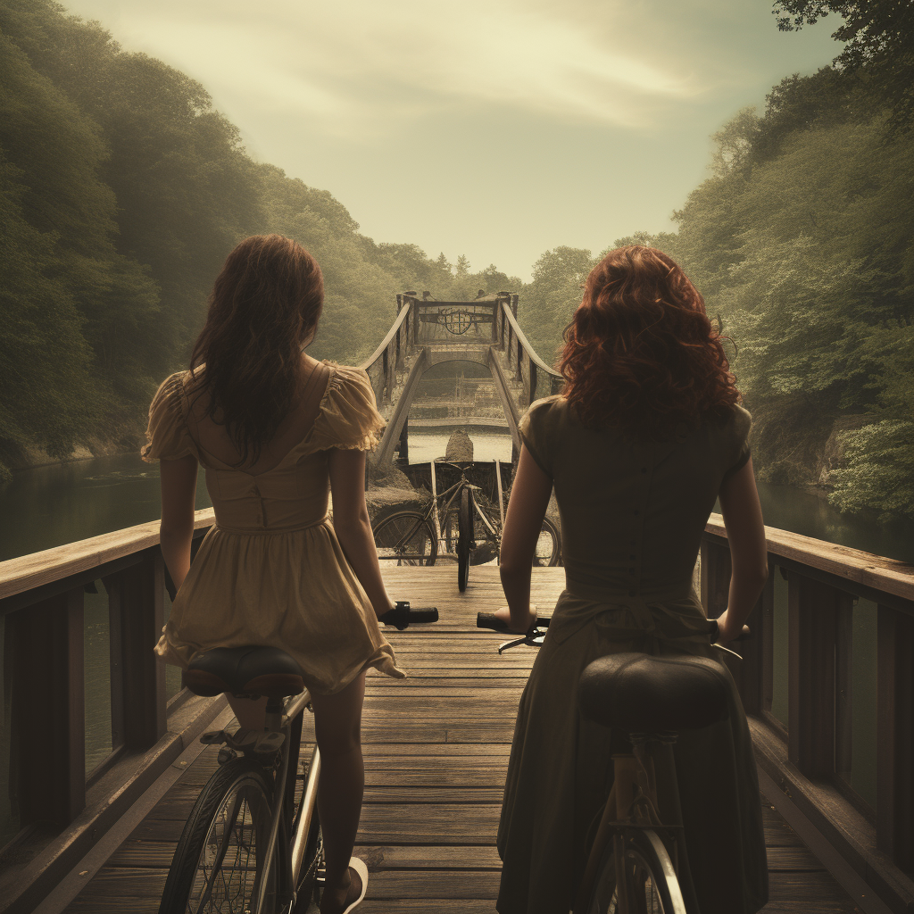 Young woman on bicycle approaching bridge