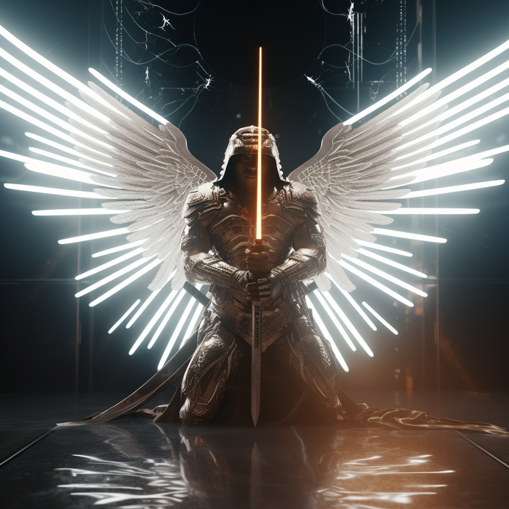 Bright angel with sword ready to fight enemies