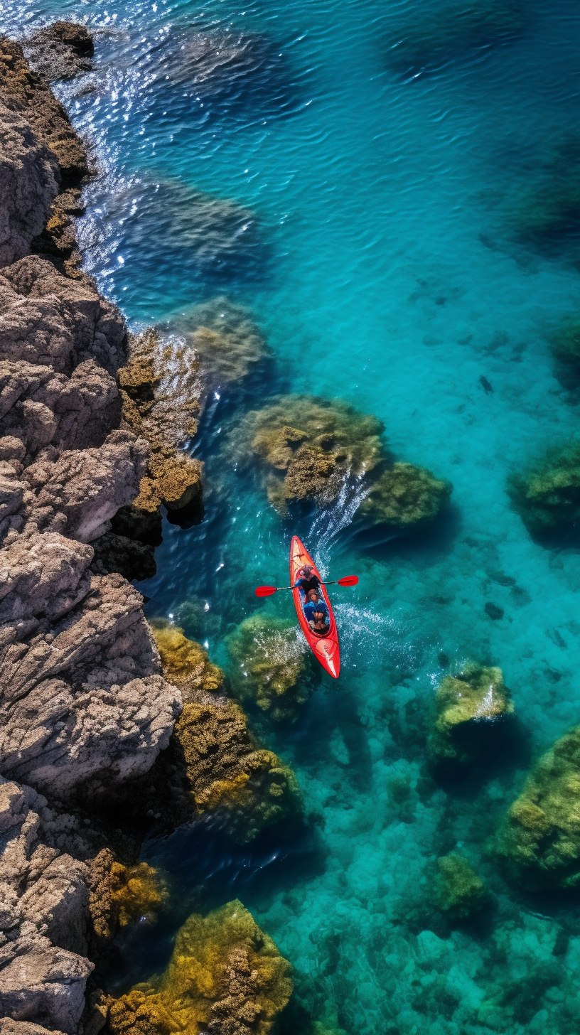 Two-person kayak gliding on bright blue water