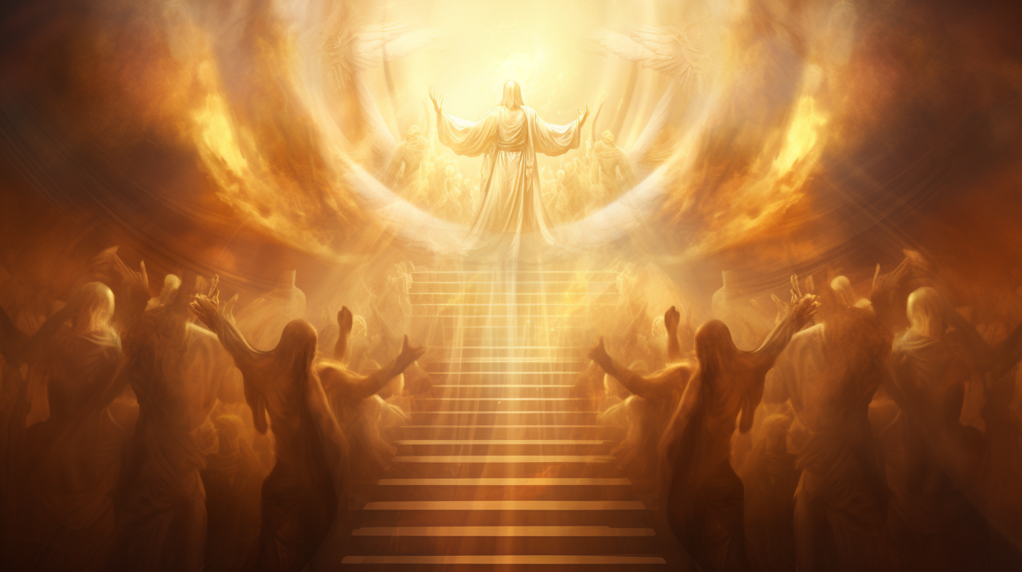 Angelic worship around golden throne in heaven