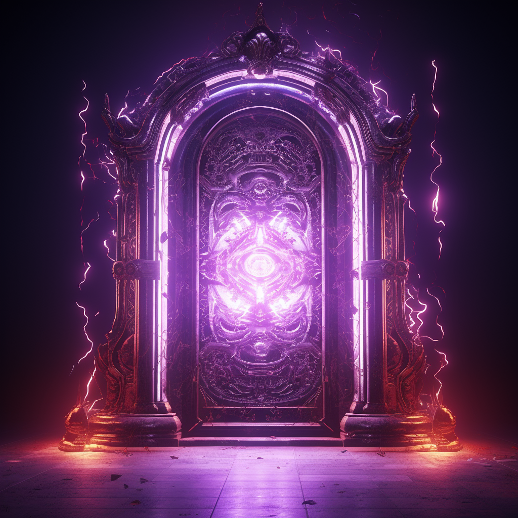 Ornamental door with purple magic lights