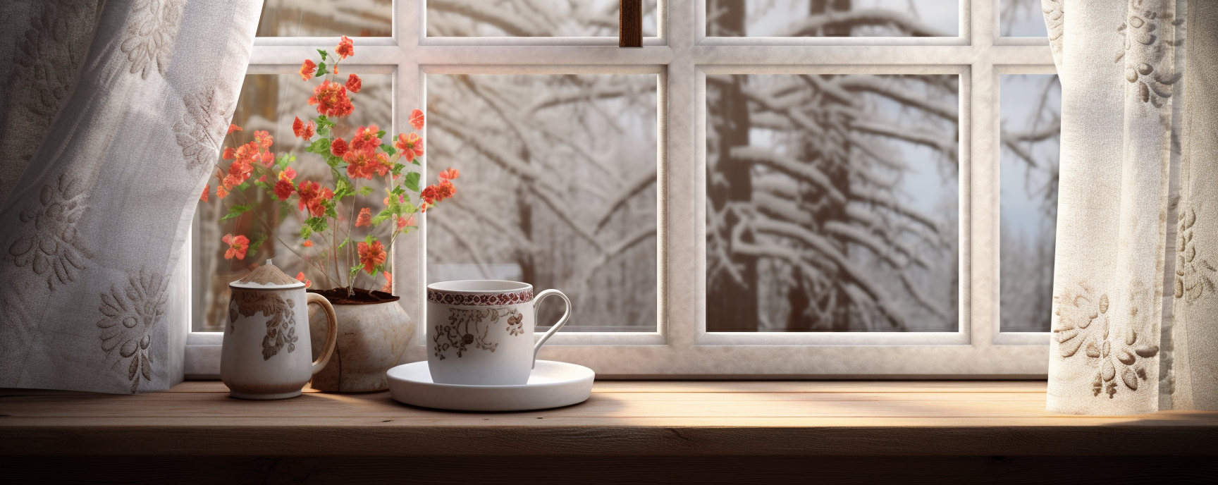 Vintage coffee cup and flowers on window ledge