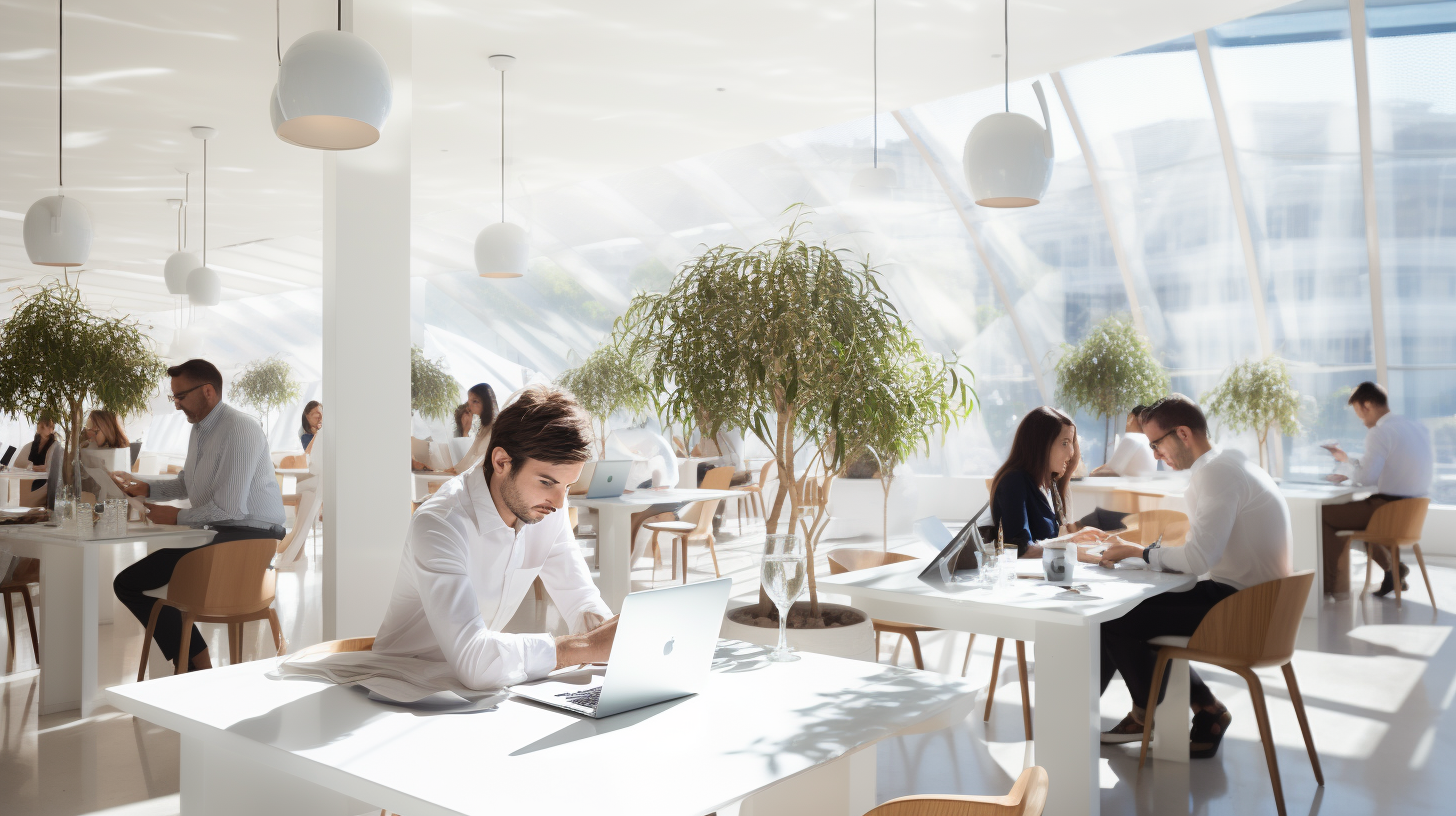 Employees working in a bright white office space