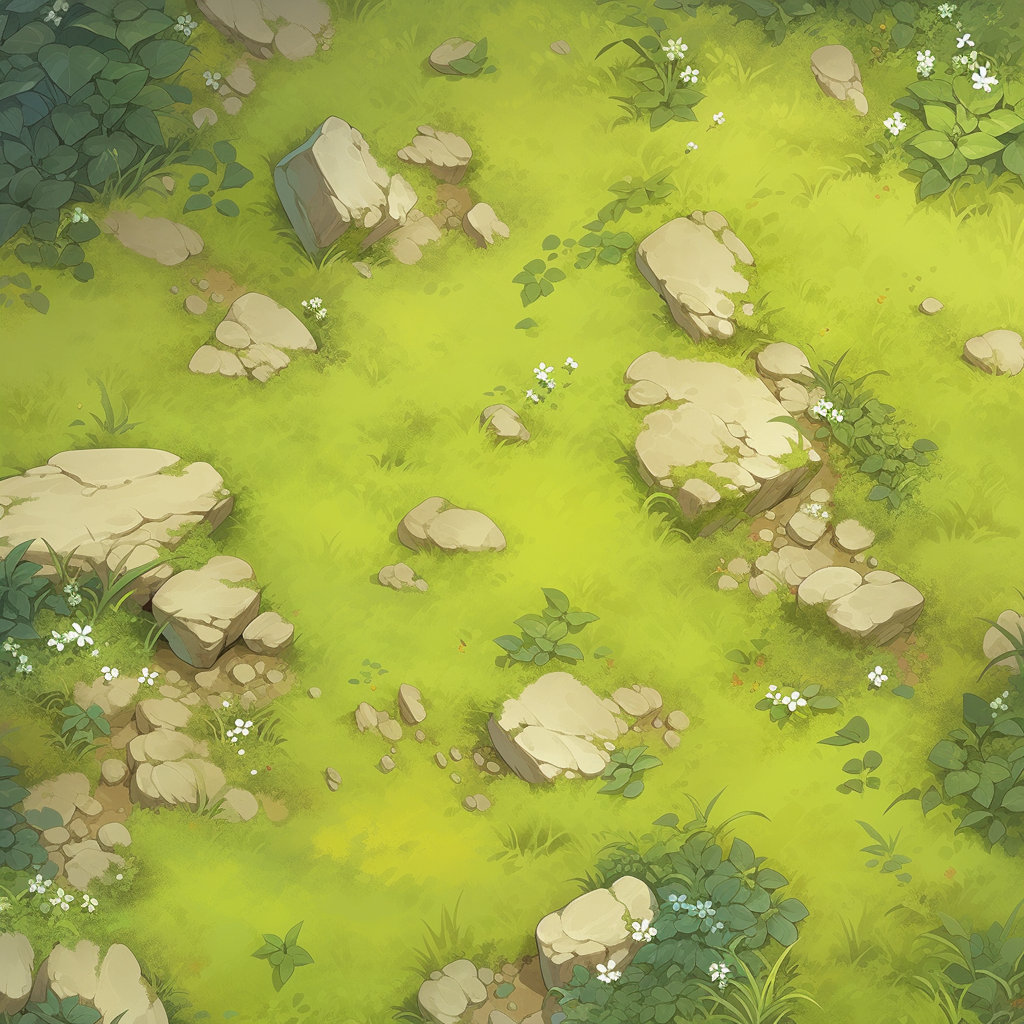 Top-down view of a bright, painted grassy meadow