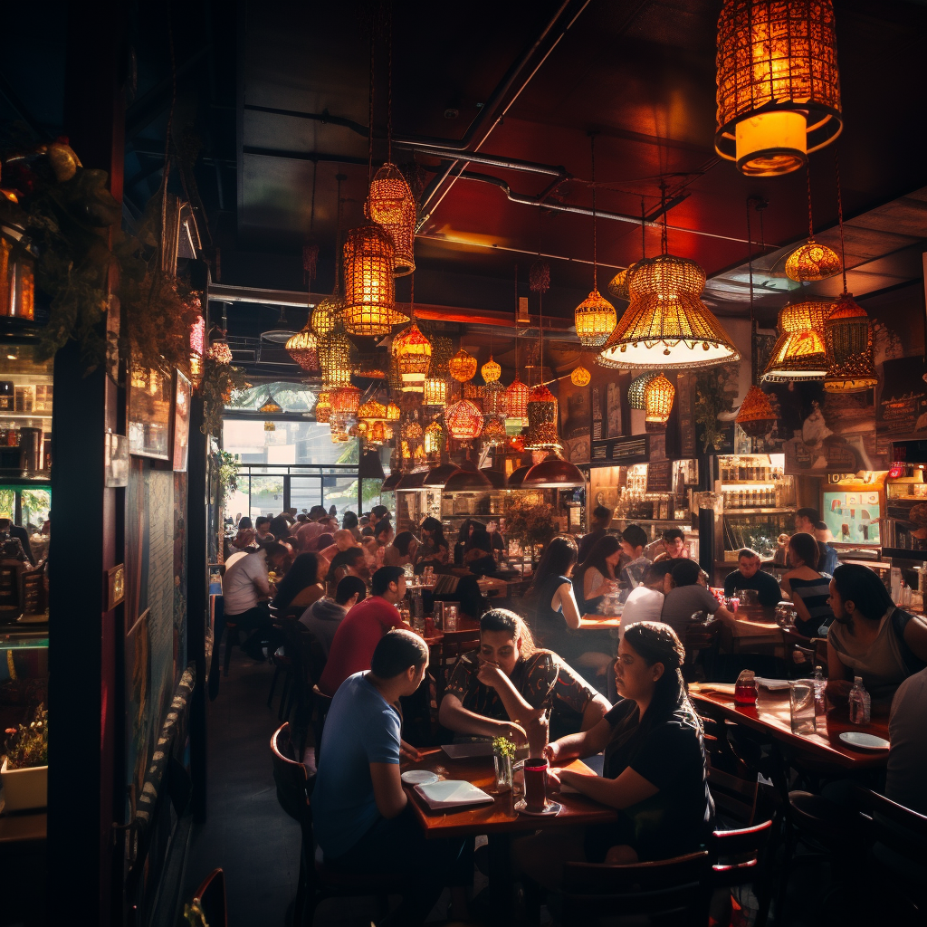 Customers enjoying a meal at a brightly lit restaurant