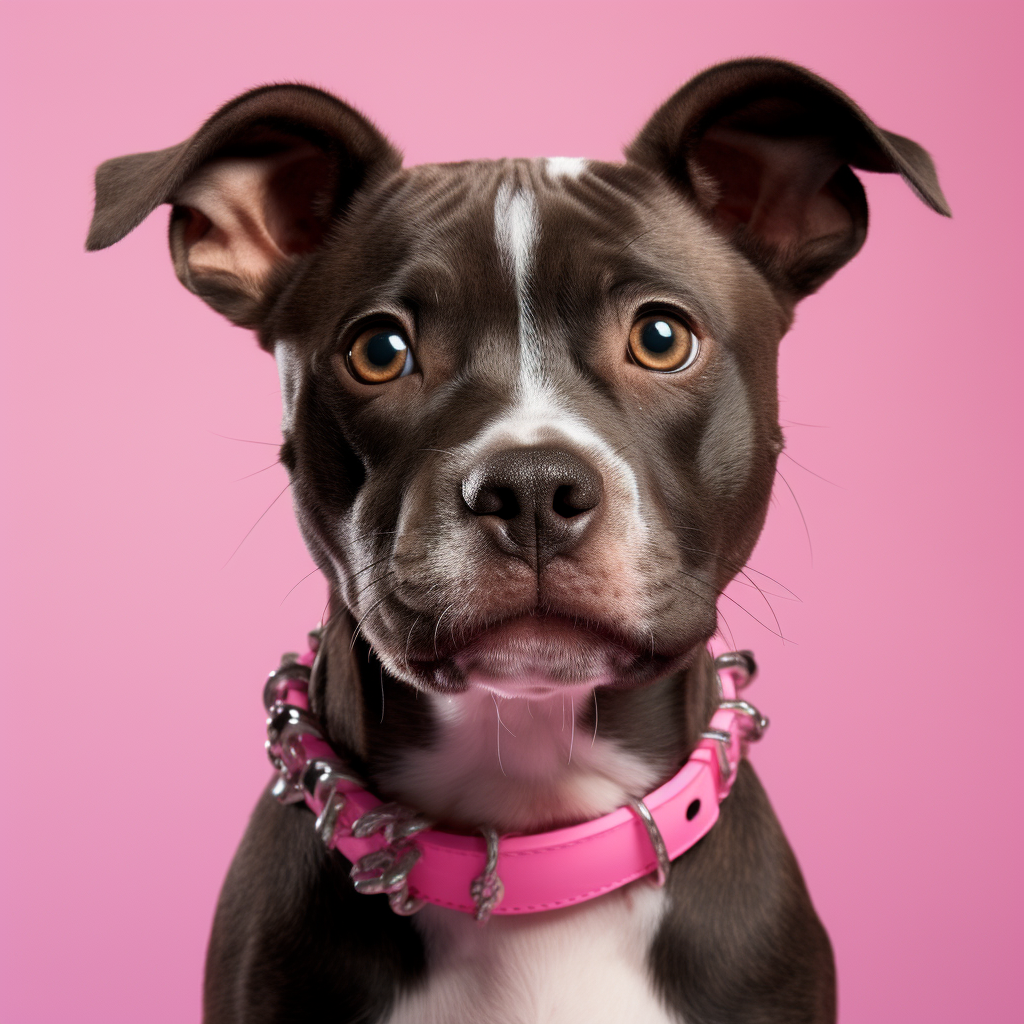 Adorable brindle pitbull chihuahua mix with pink collar