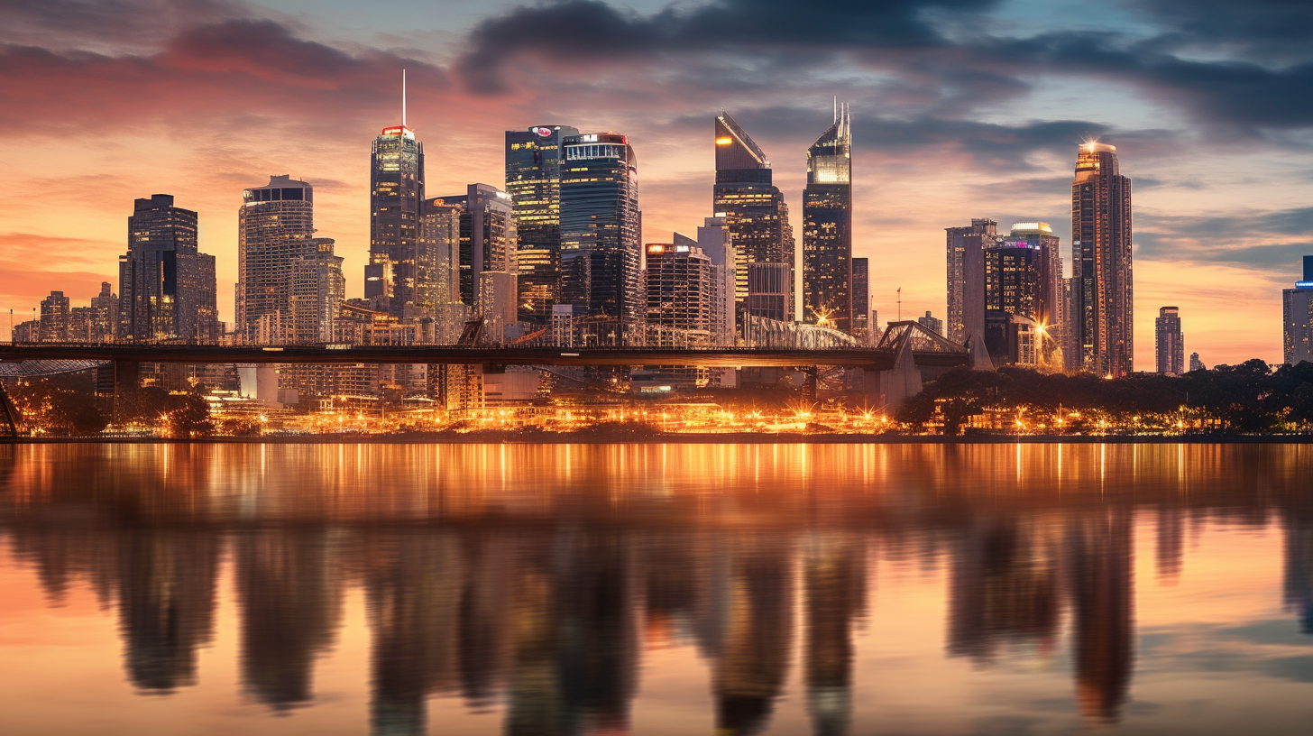 Brisbane skyline with residential neighborhood and landmarks