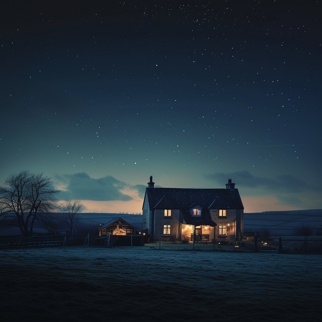 British farmhouse under starry night sky