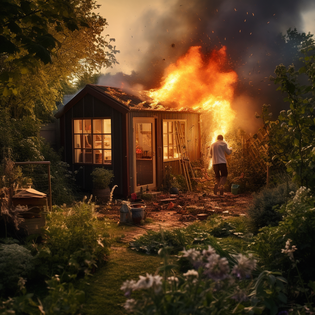 Man running towards blazing garden shed fire