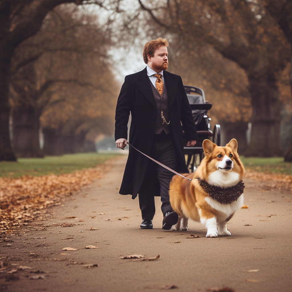 British gentleman with a giant Welshcorgi in the park