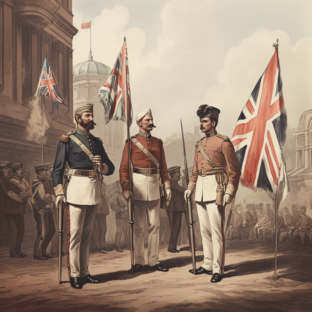 British India officers at government building