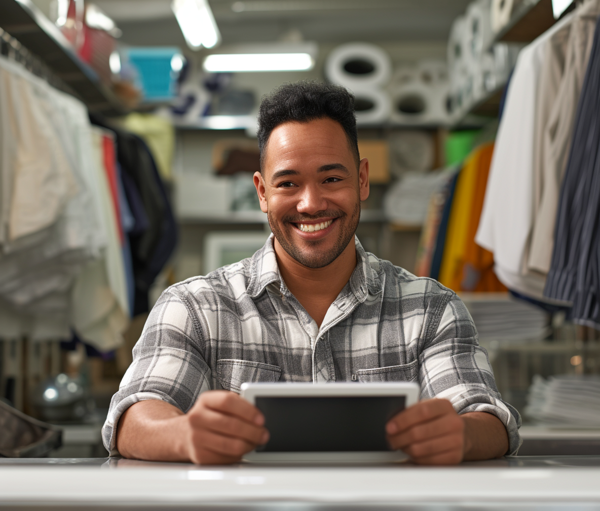 British mixed race male employee smiling with iPad