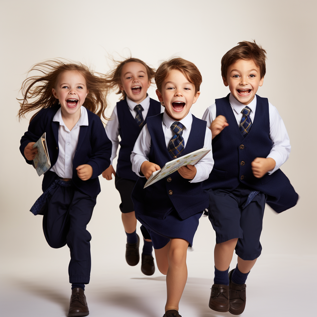 Four happy British primary school students running with books