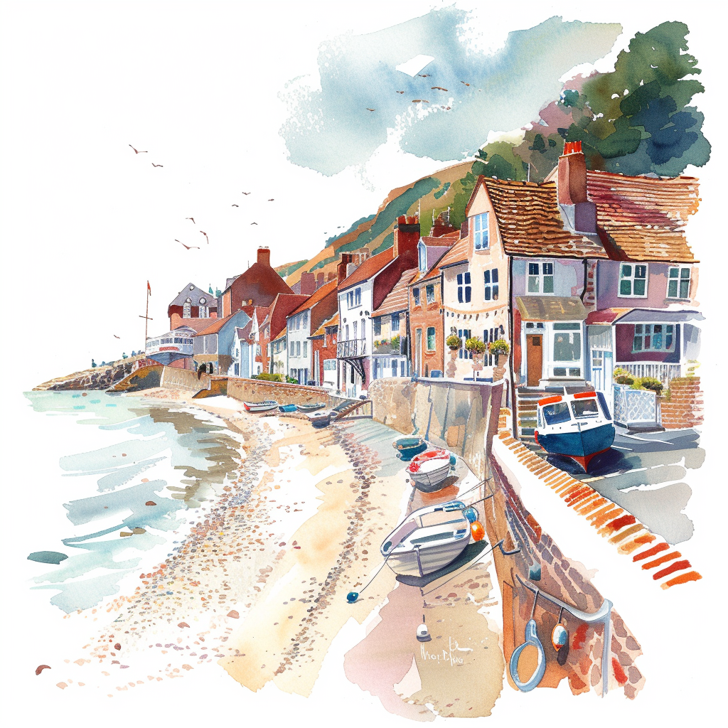 Detailed Watercolour of Quaint British Seaside Town