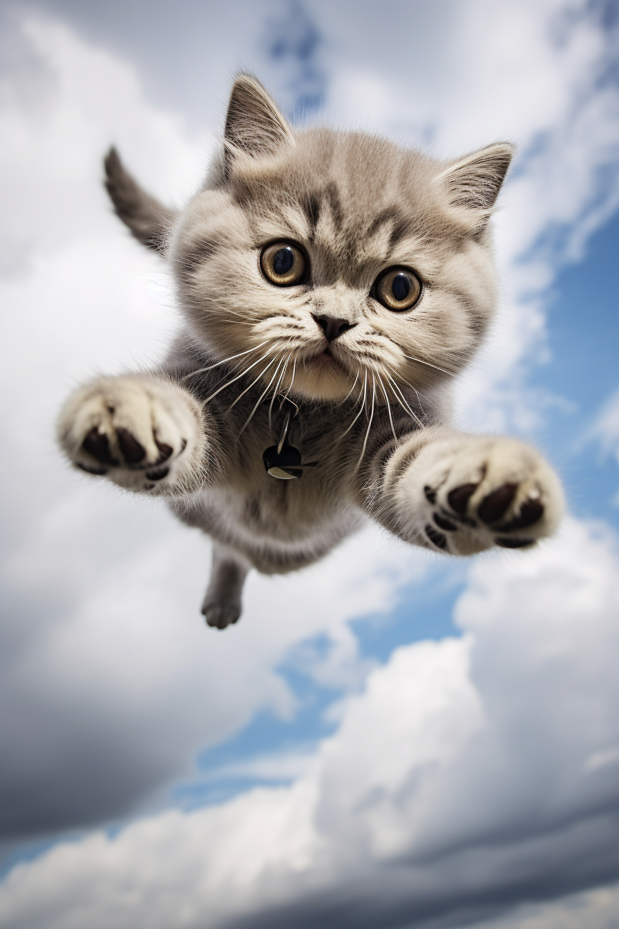 British Shorthair cat flying through clouds