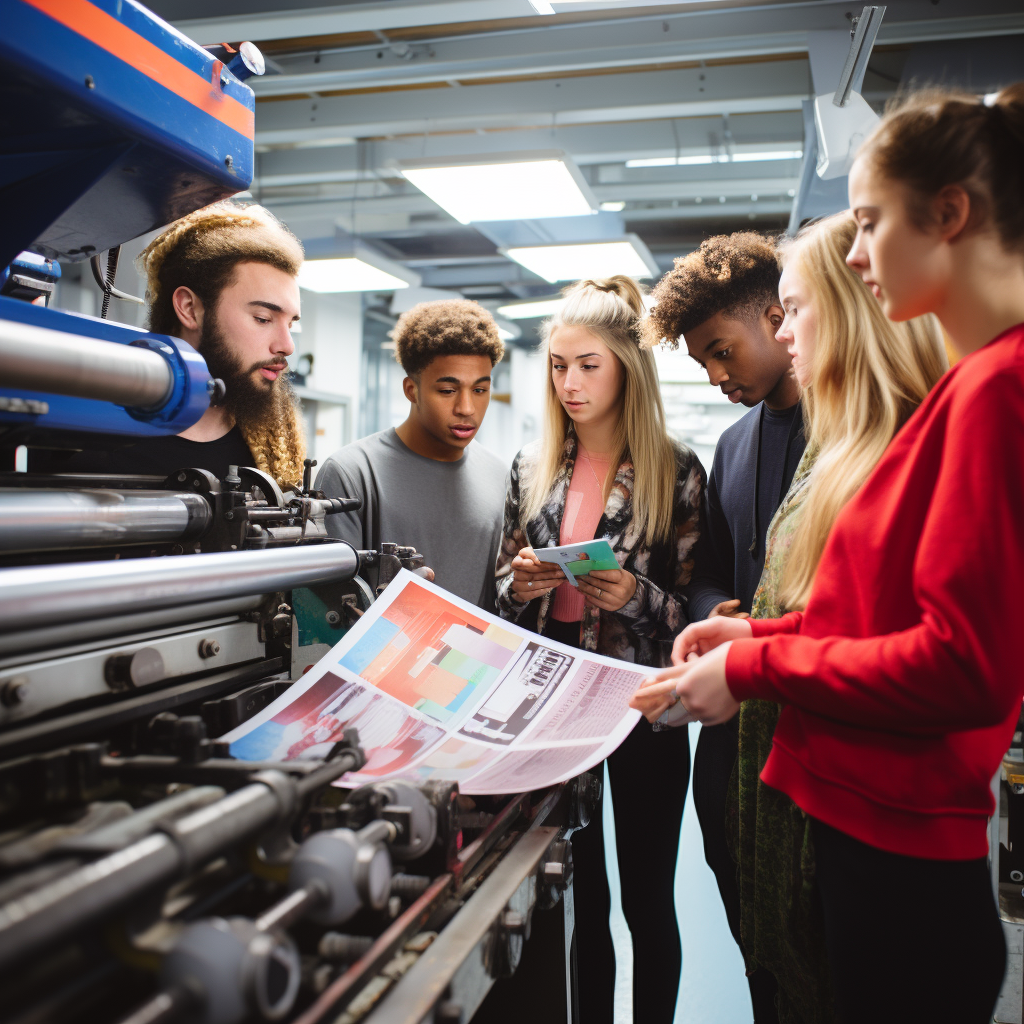 Group of British students at printing press