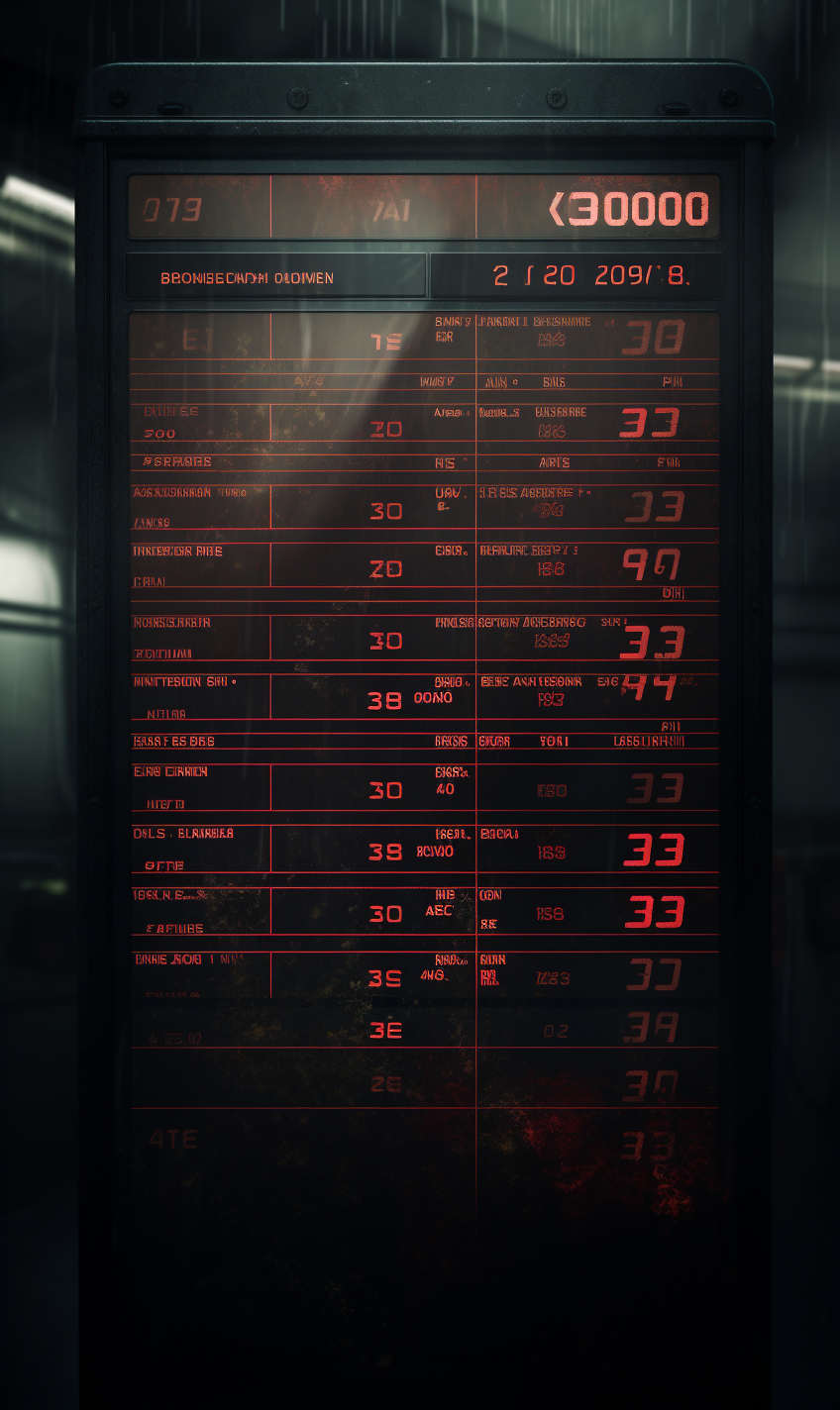 Train timetable board in gloomy action thriller style