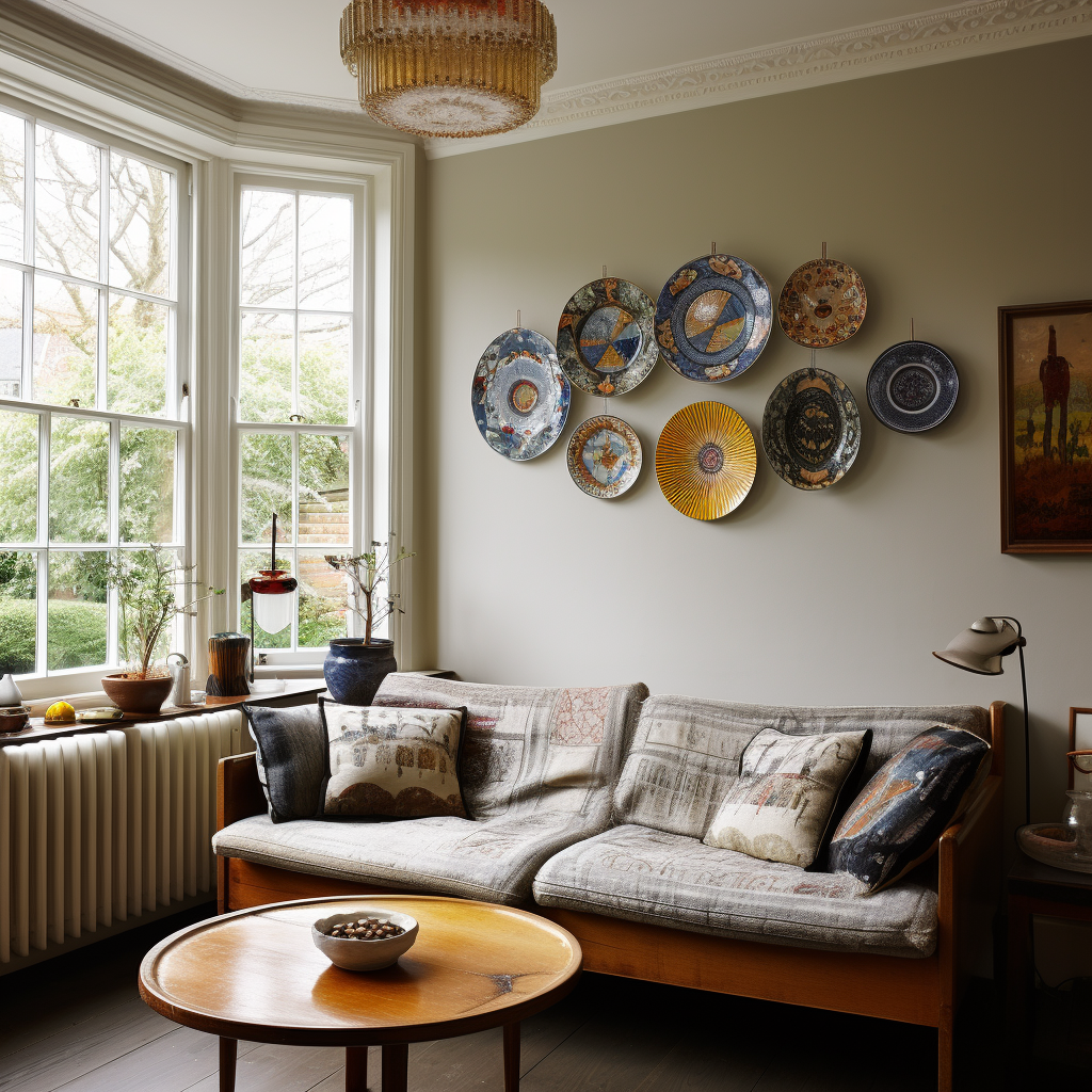 Contemporary plates hanging in stylish British house