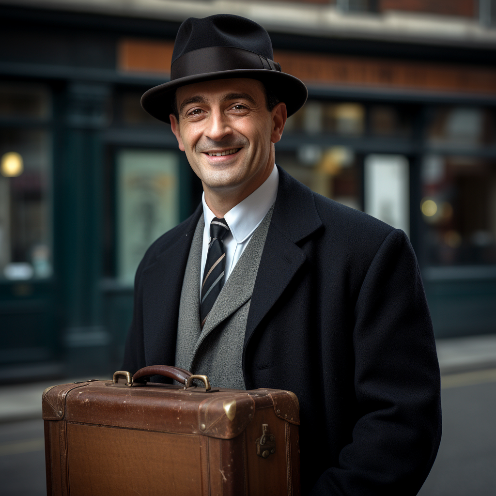 British man in pinstripe suit with sarcastic smile