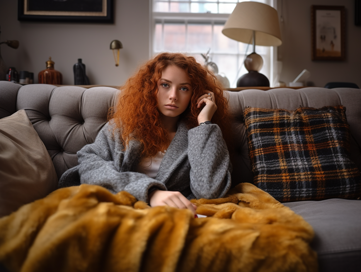 British model confidently posing on a huge couch