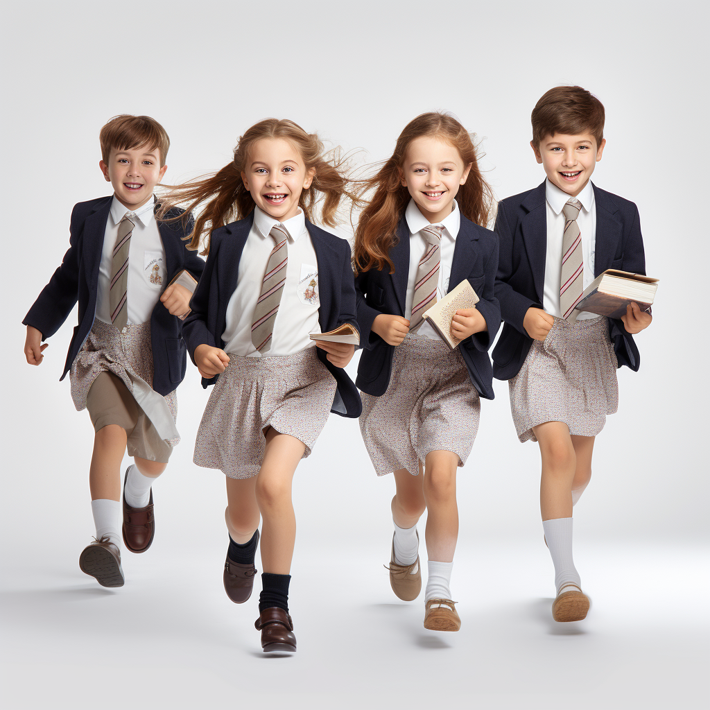 Four British school students running with books