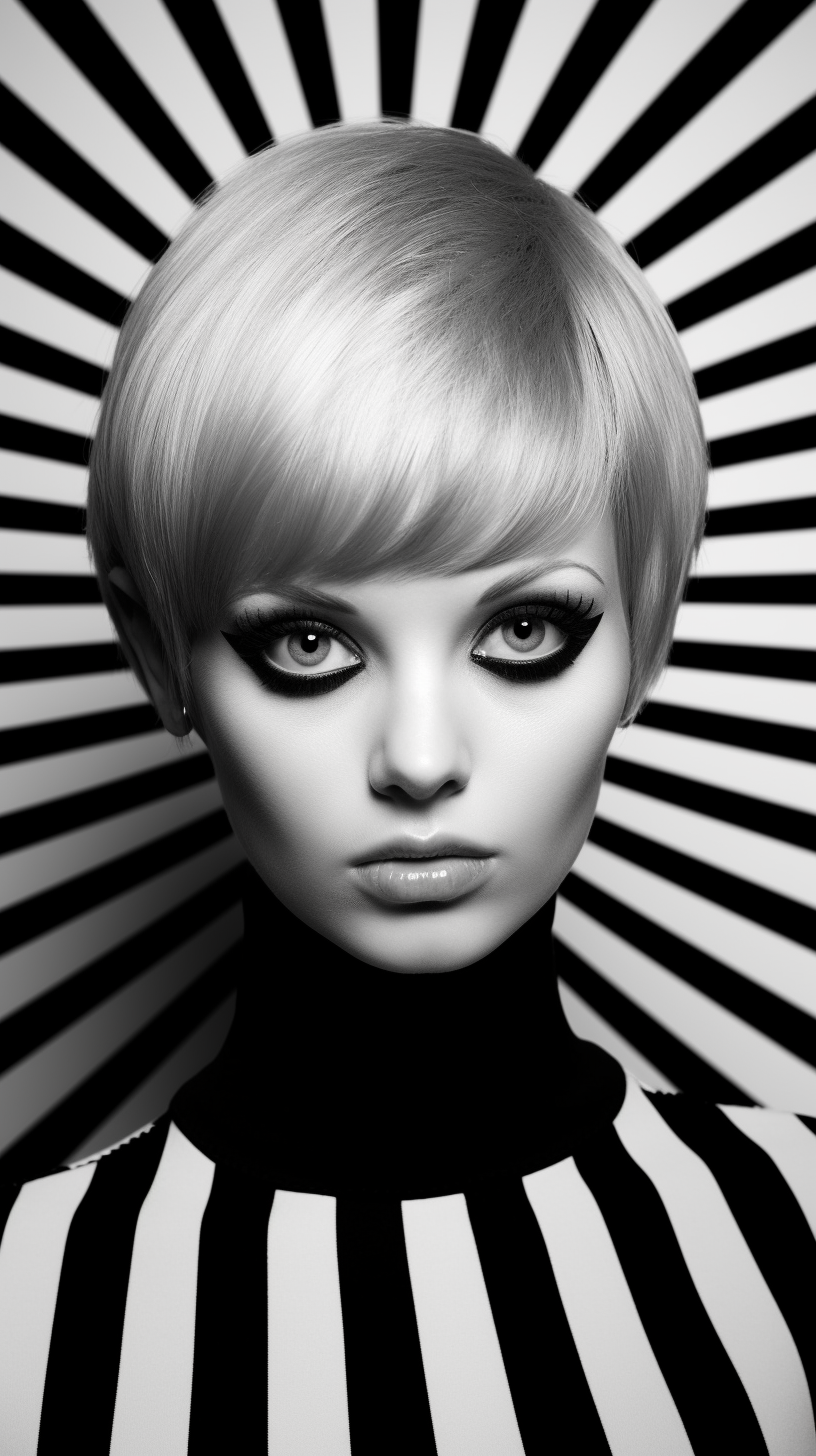 Twiggy in mod style black and white photo