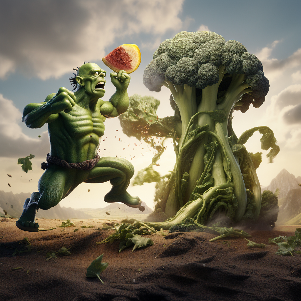 Broccoli fighting a piece of steak