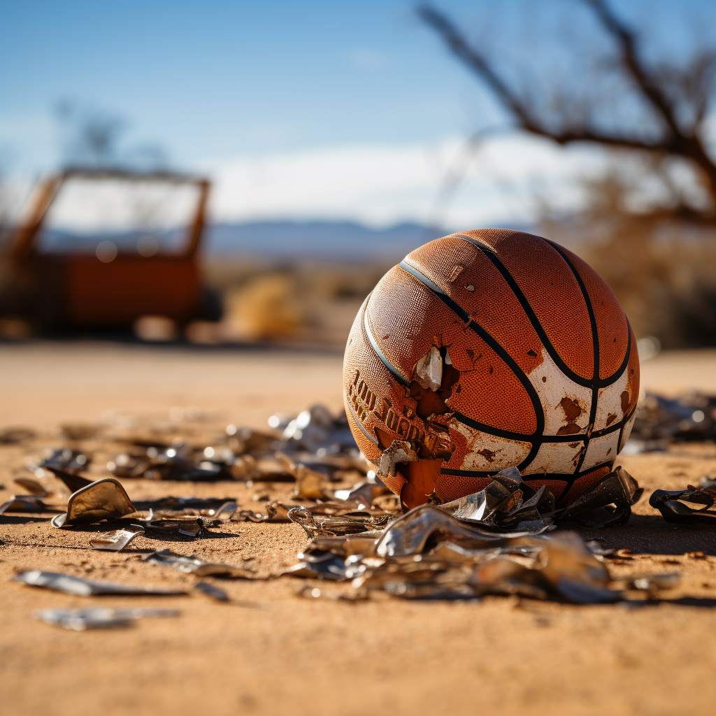 A broken basketball in the desert