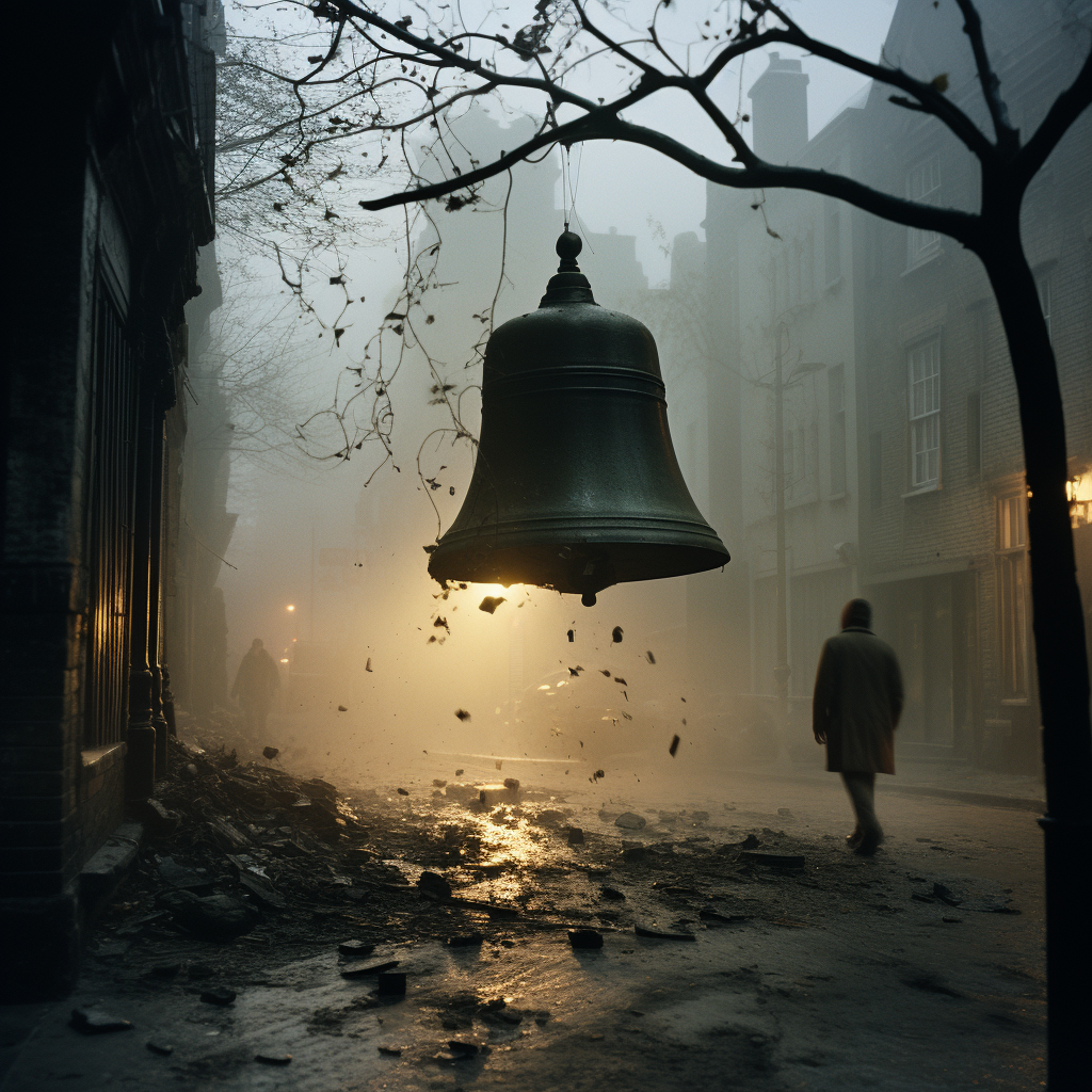 Broken bell in foggy London street