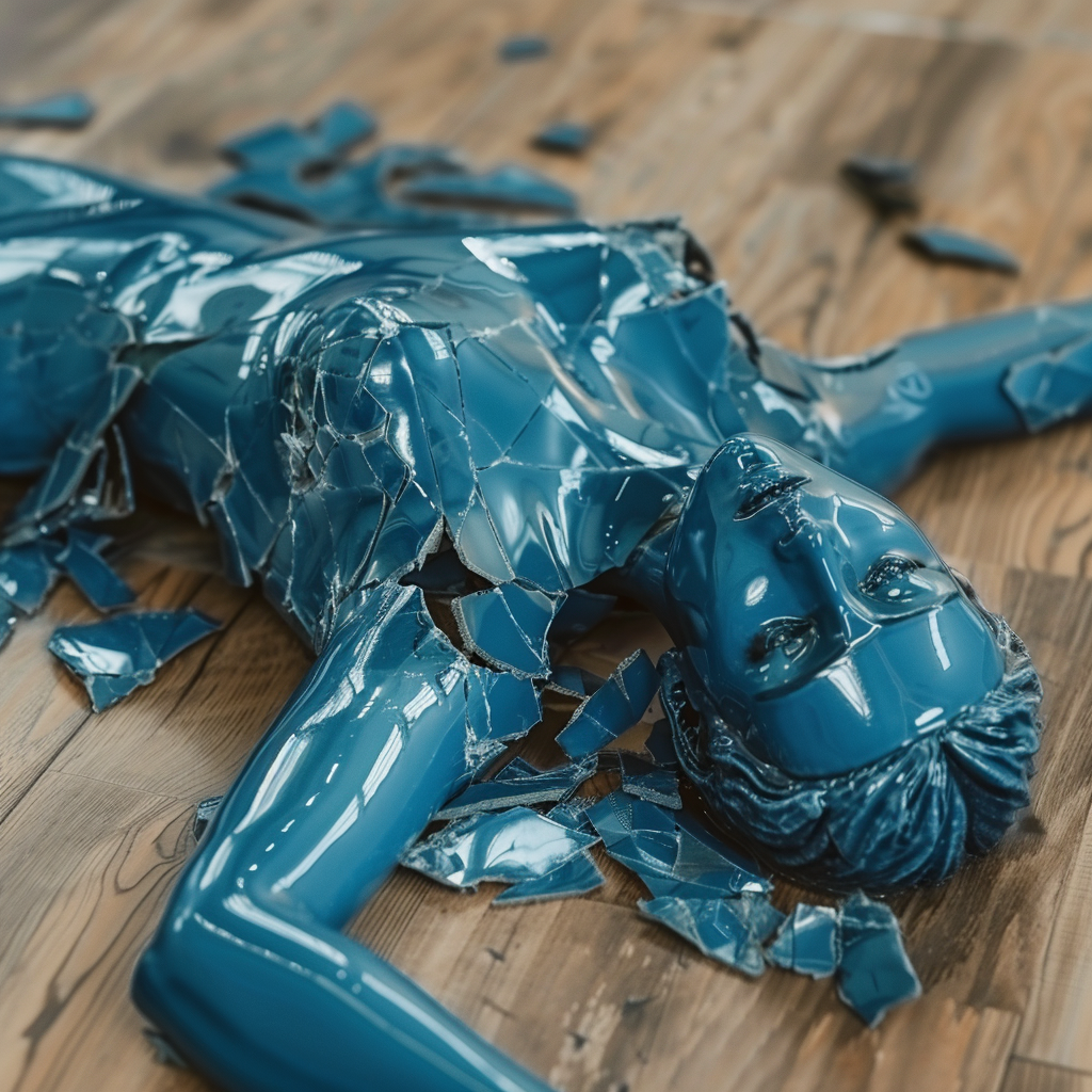 Broken blue mannequin woman on floor