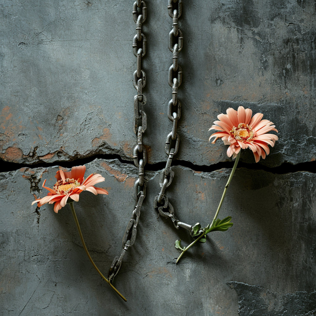 Broken chain with blooming flowers