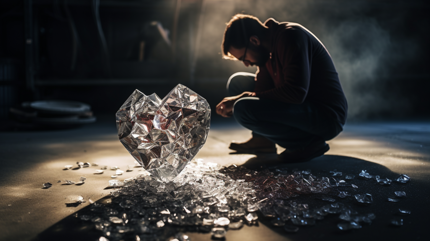 Shattered crystal heart in pieces on the floor