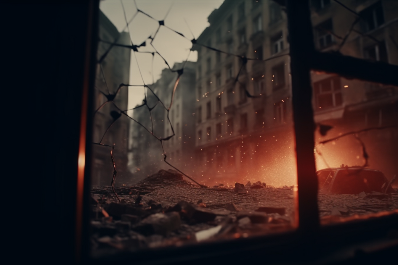 Broken glass in ruined city