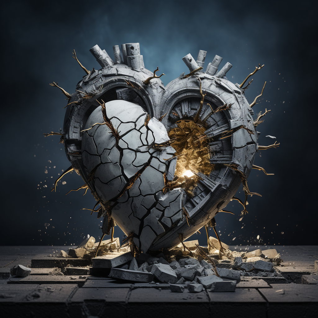 Broken heart sculpture with bullet holes