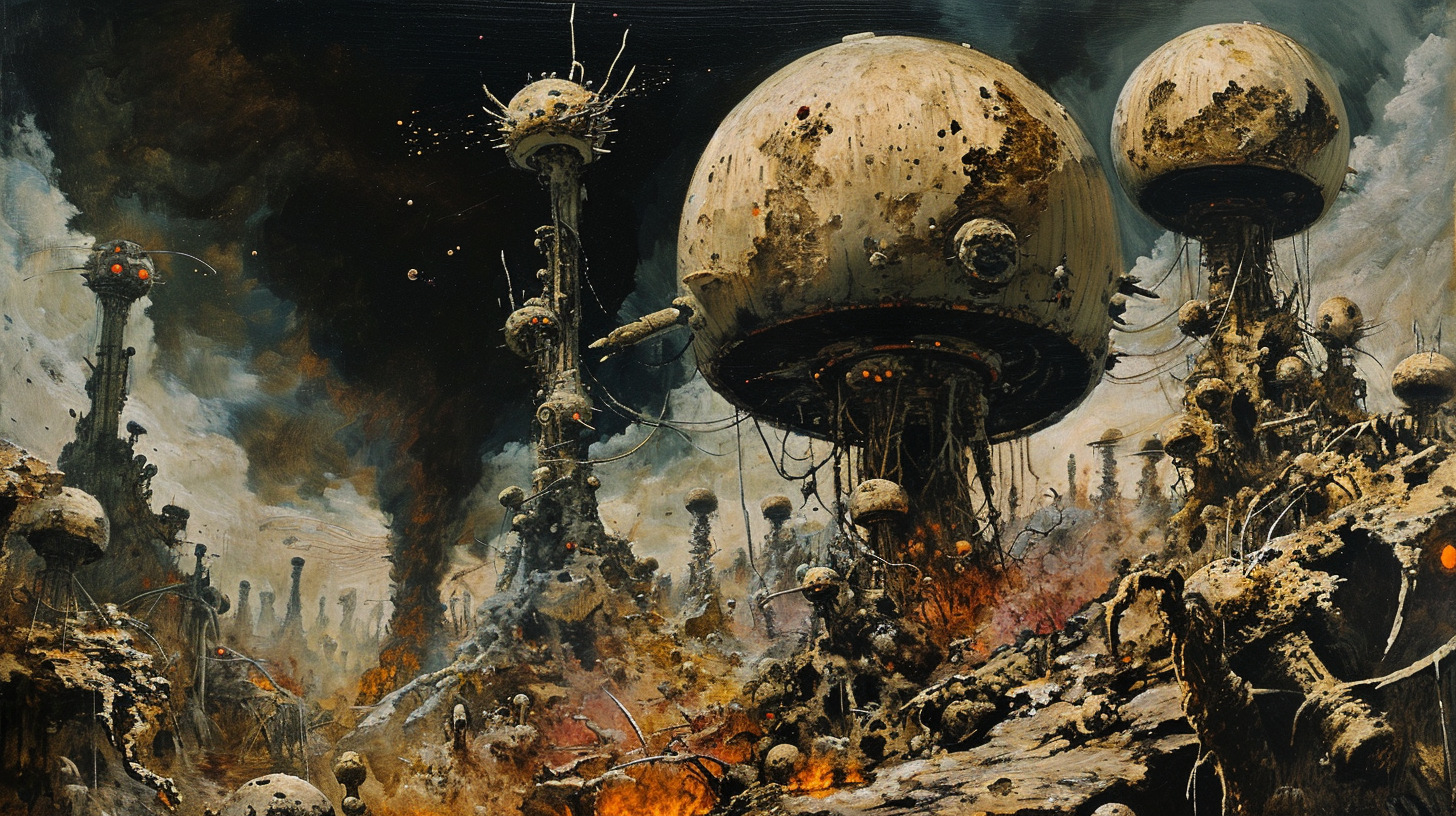 Rusting Lovecraftian robots amidst a nuclear explosion