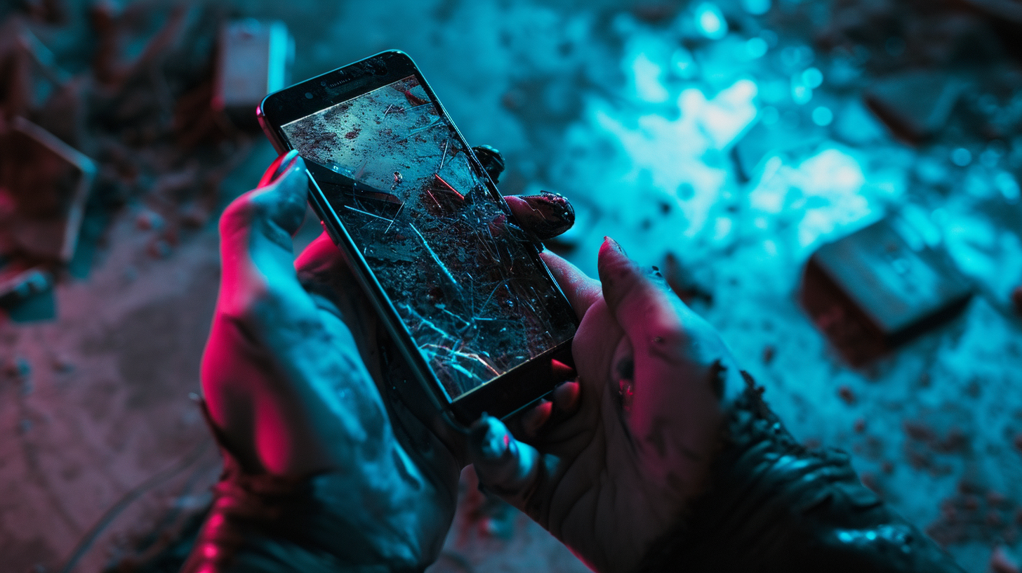 Woman's hand with broken manicured nails holding smartphone