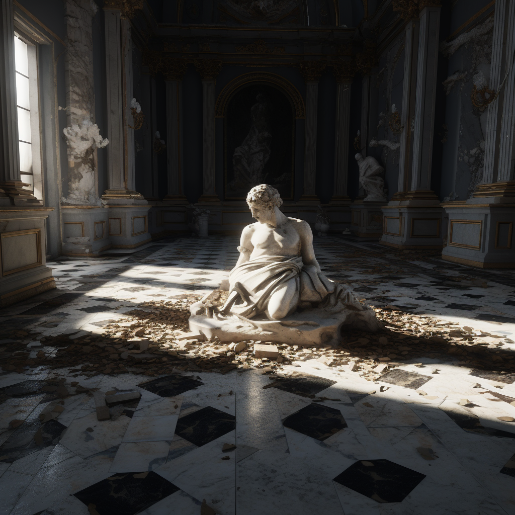 Broken marble statue on dungeon floor