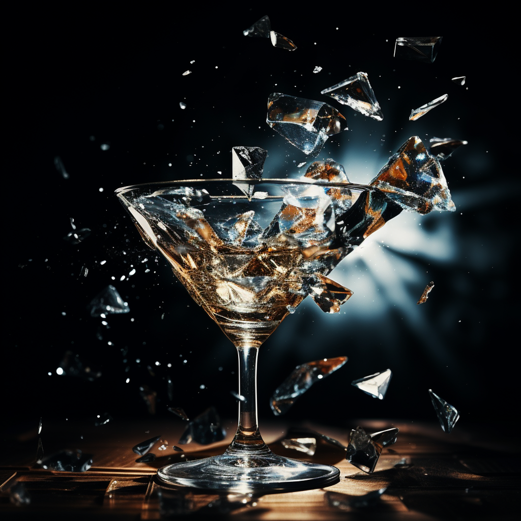 Shattered martini glass with spilled liquid