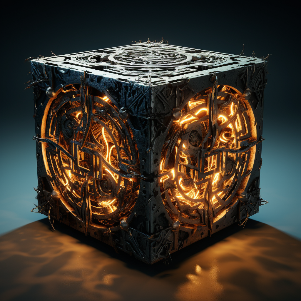 Shattered pieces of a mystical, engraved metal cube