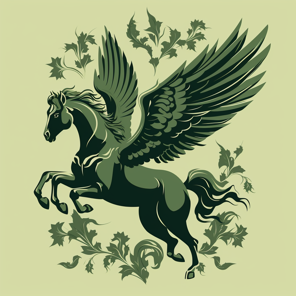 Silhouette of a Broken Pegasus with Green Leaves and Vines