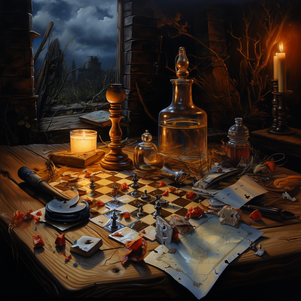 Broken puzzle on wooden table with chess pieces, cards, and candlelight