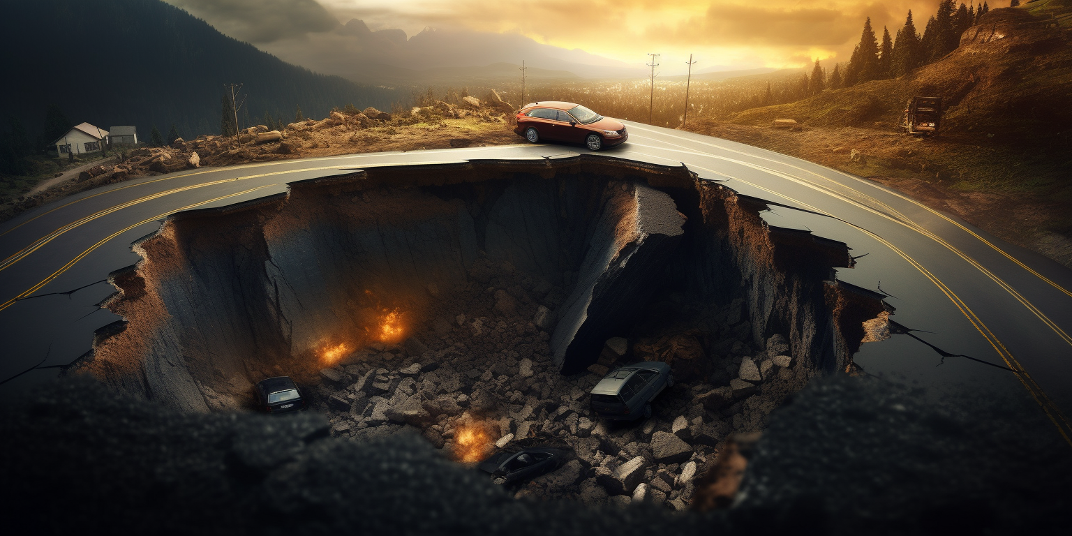 Car driving on broken road with sinkhole