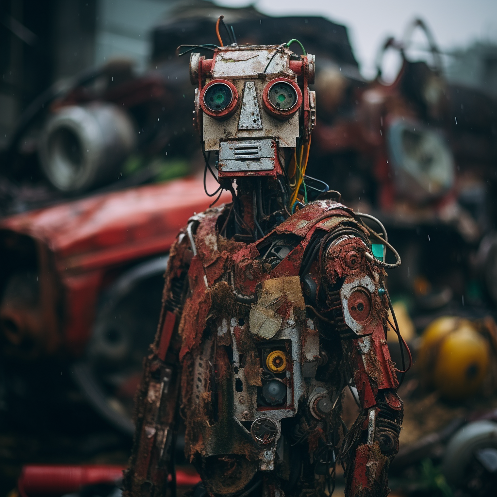 Broken Robot in Junkyard Rainy Day