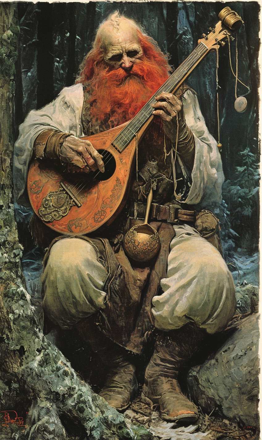 Fantasy lithograph featuring a red-haired dwarf bard playing a magical instrument in a surreal setting