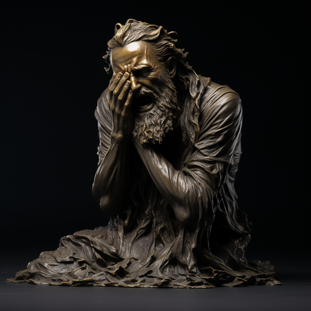 Miniature bronze man's crying expression on black background