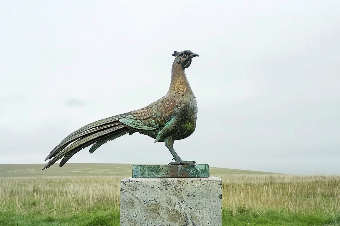 Tall bronze pheasant statue grassy